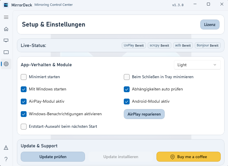 MirrorDeck Light Settings